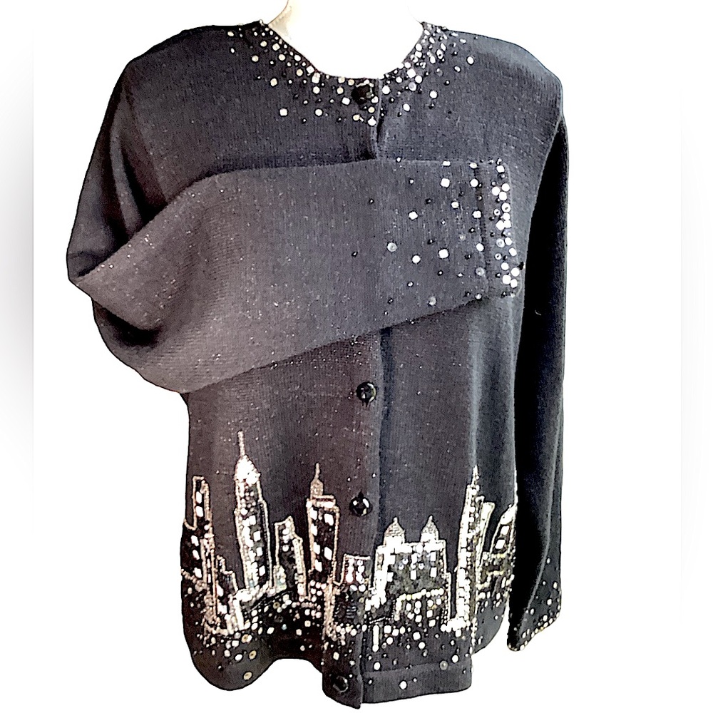 Vintage Beaded City Skyline View Cotton Cardigan B26
